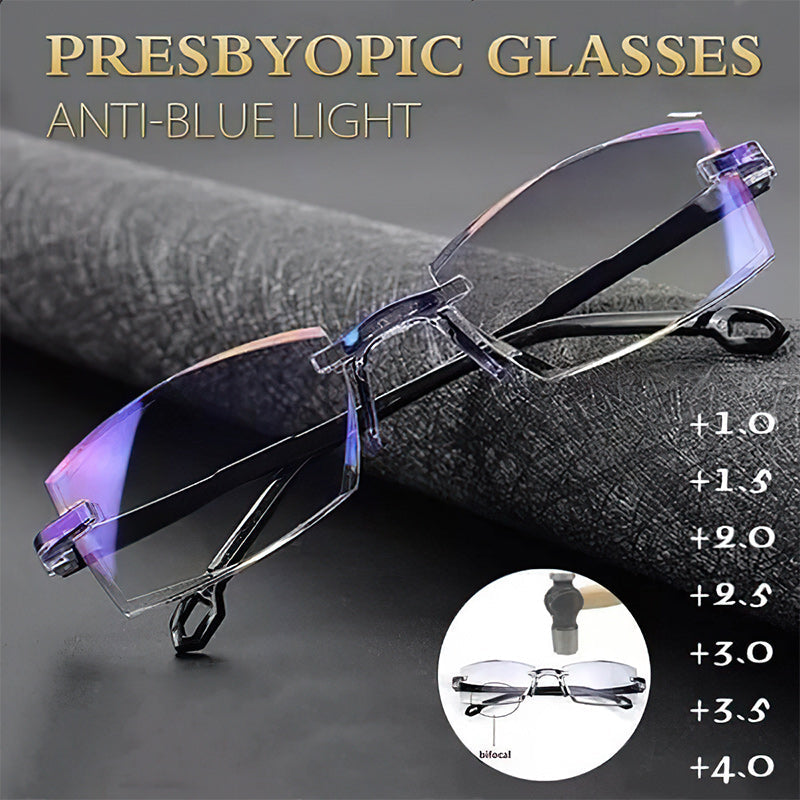 Brille gegen Blaulicht, randlos, transparent, Presbyopie, verschiedene Stärken, modern.