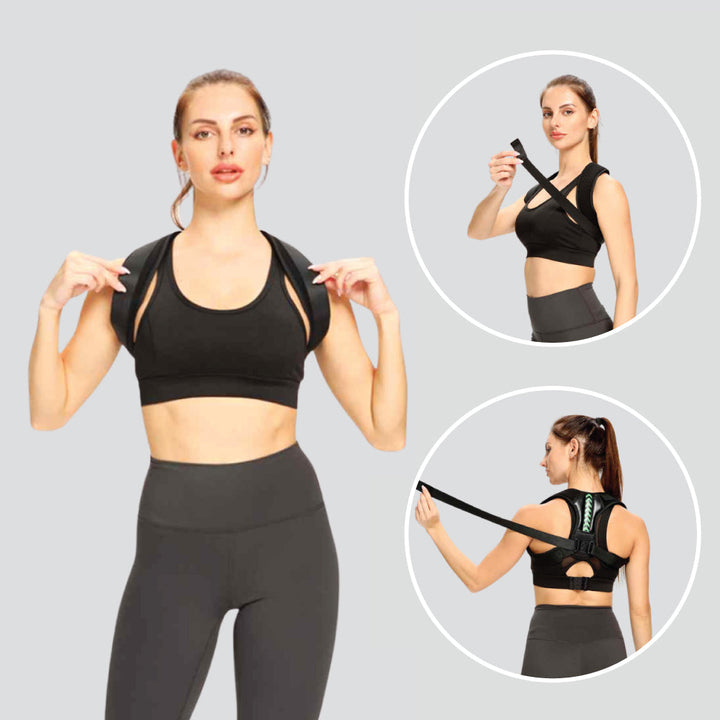 Frau in schwarzem Sport-BH und Leggings, zeigt verstellbare Träger, Fitnessmode.