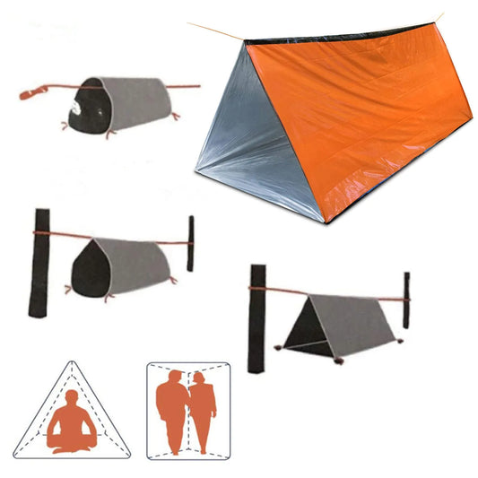 Orange-graues Notfallzelt, wasserdicht, tragbar, für Outdoor-Camping und Survival-Abenteuer.