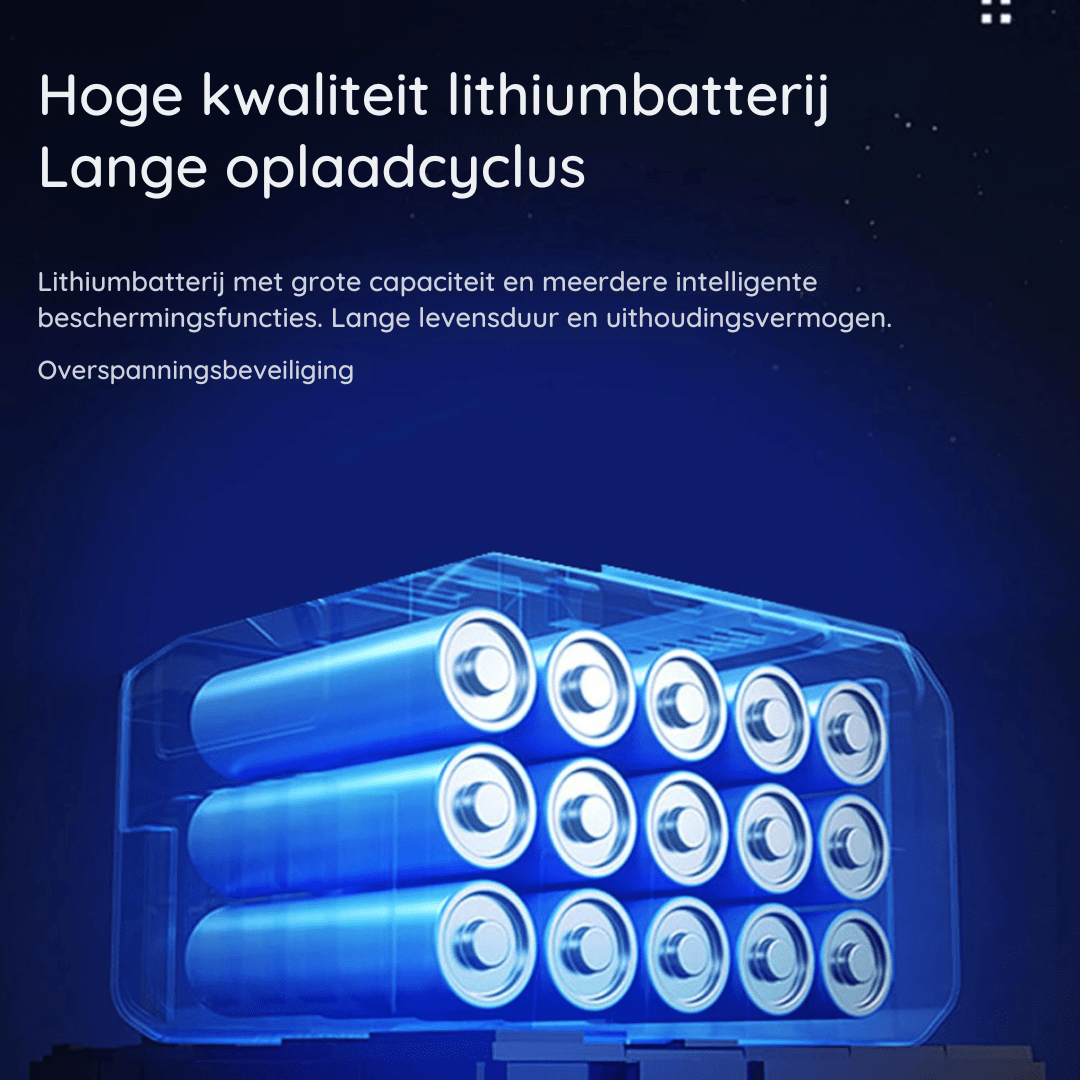 Grafika s modře zobrazenými lithiovými články uvnitř pouzdra, znázorňující vestavěný dobíjecí akumulátor lampy. 6