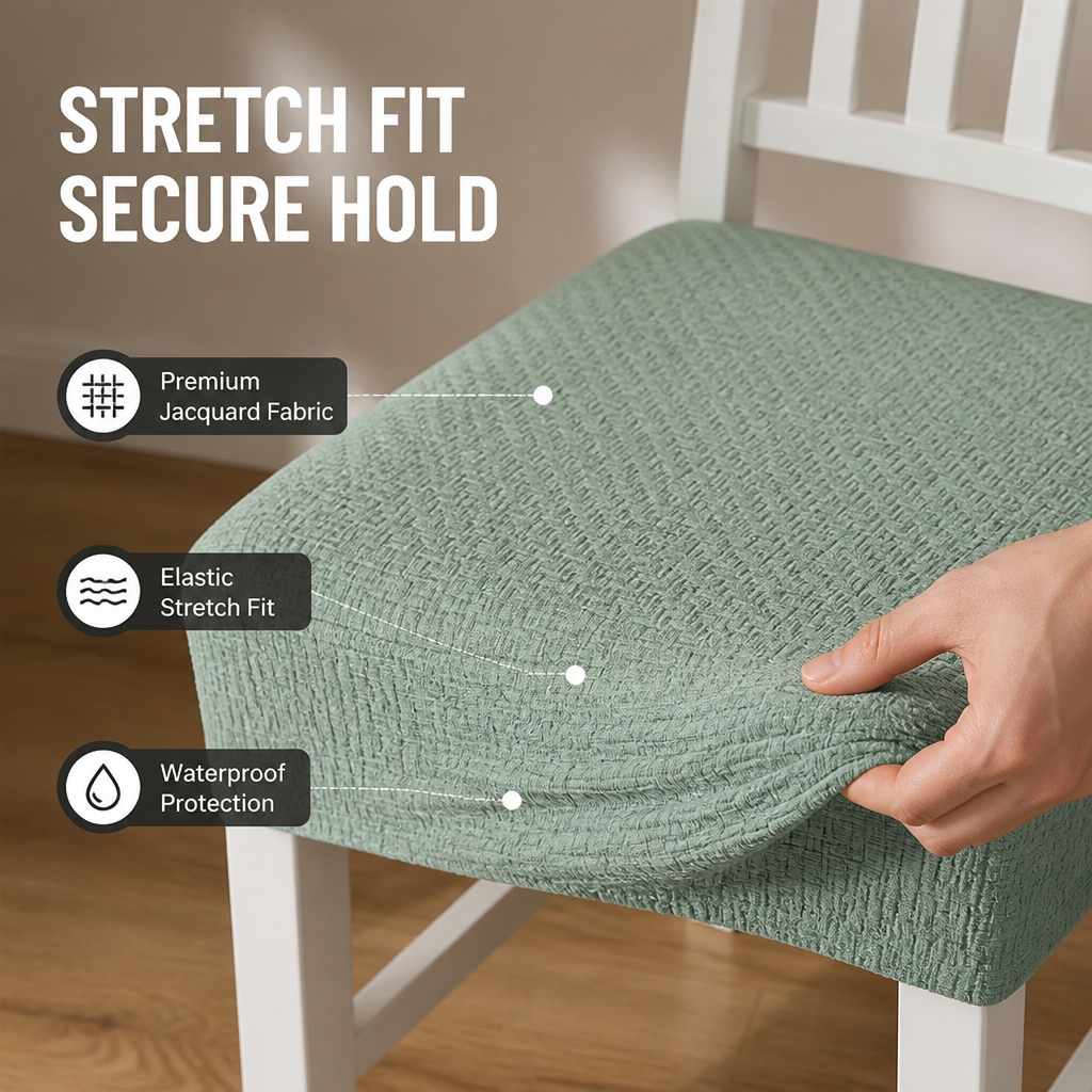 Ruka natahuje zelený strukturovaný potah na bílý sedák židle, aby ukázala jeho pružnost a pevné držení. 3