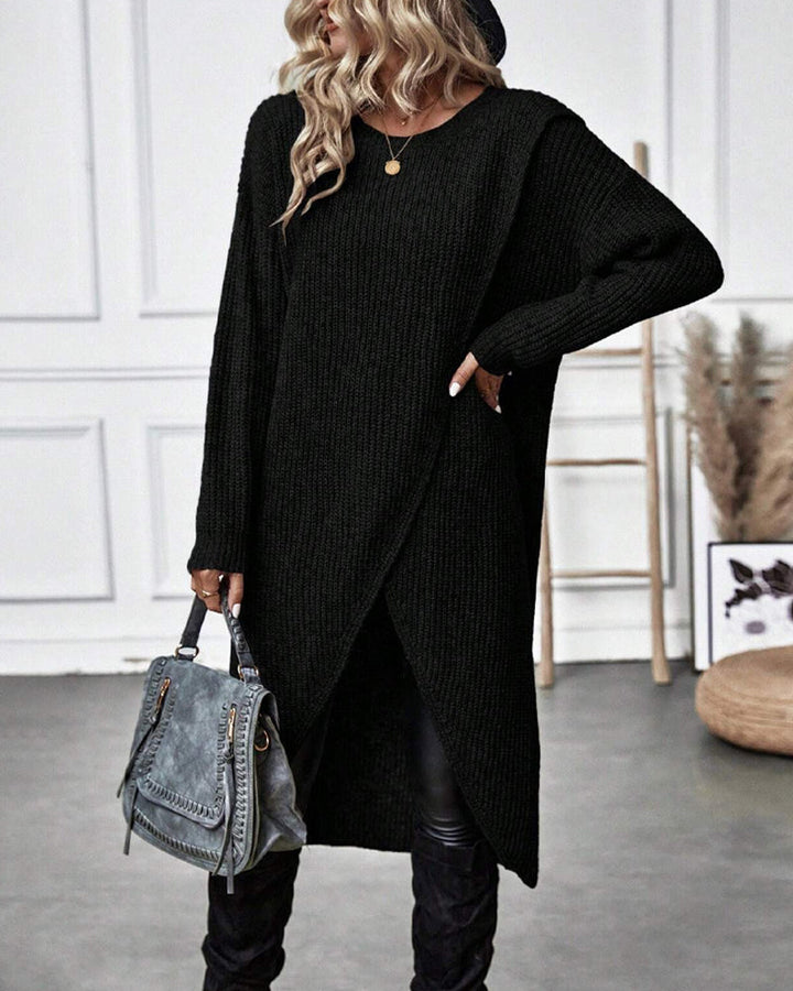 Schwarzer Strickpullover-Kleid, Damenmode, lässig, Herbst, mit grauer Handtasche.