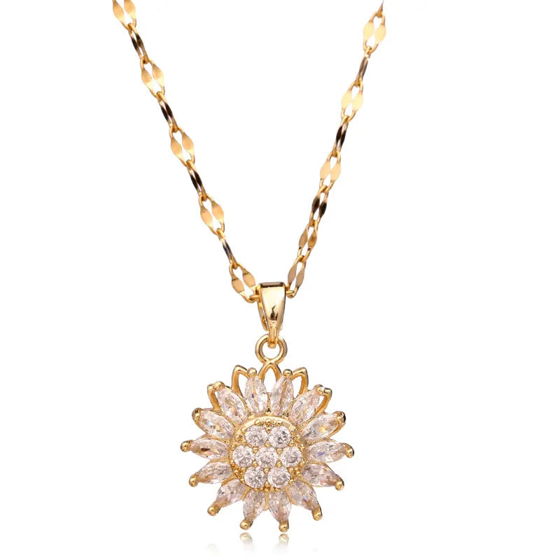 Goldene Sonnenblumen-Halskette mit Kristallen, elegantes Schmuckstück, modisches Accessoire.