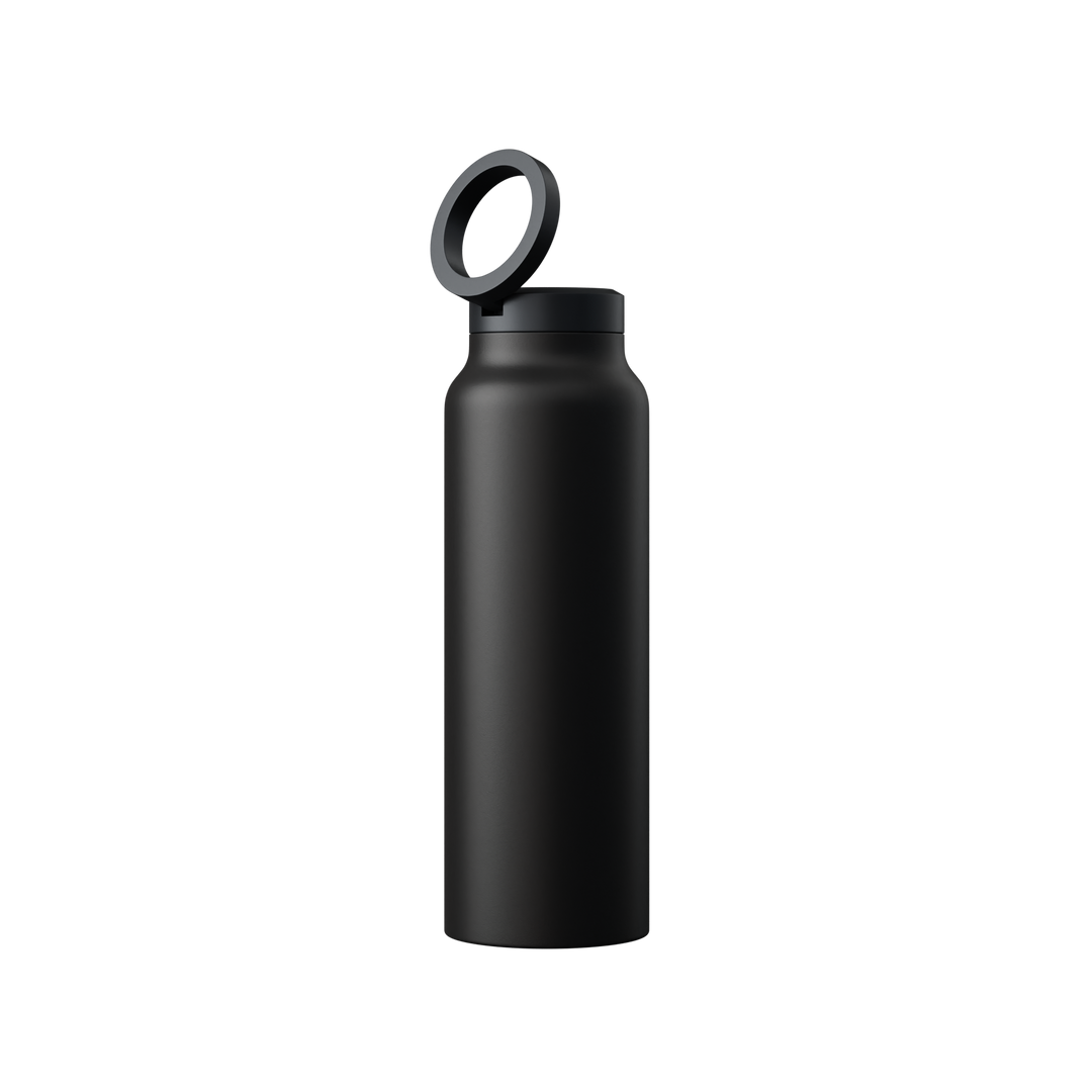 Schwarze Edelstahl-Wasserflasche mit Deckelring, wiederverwendbar, umweltfreundlich.