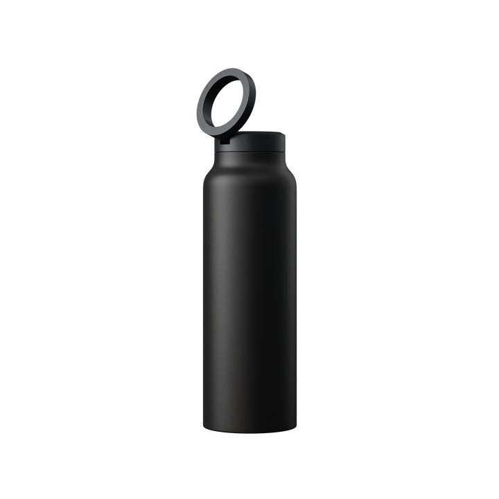 Schwarze Edelstahl-Wasserflasche mit Deckelring, wiederverwendbar, umweltfreundlich.