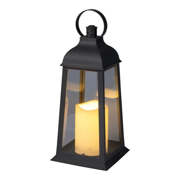 Schwarze Laterne mit LED-Kerze, Metallrahmen, dekorative Beleuchtung für Garten oder Terrasse.