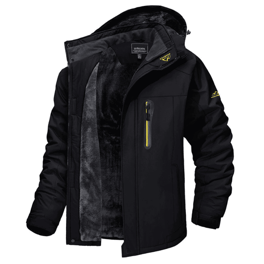 Schwarze Herren-Winterjacke, wasserdicht, mit Kapuze und Reißverschlusstasche, warm gefüttert.