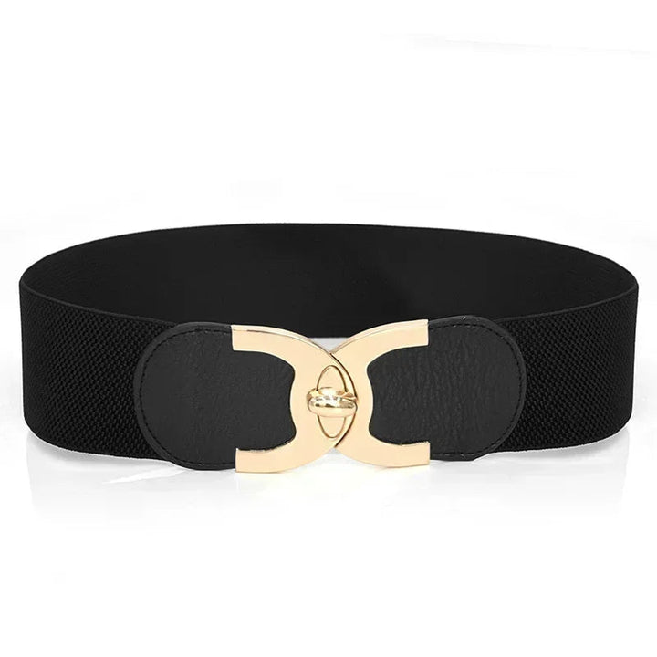Schwarzer elastischer Gürtel mit goldener Schnalle, Damenmode Accessoire, elegant und stilvoll.