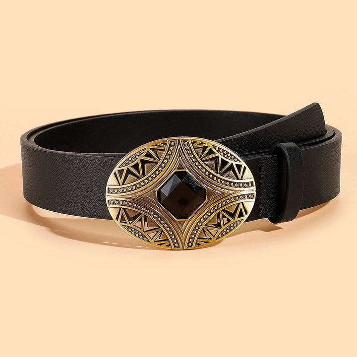 Schwarzer Ledergürtel mit goldener, verzierter Schnalle und schwarzem Edelstein.