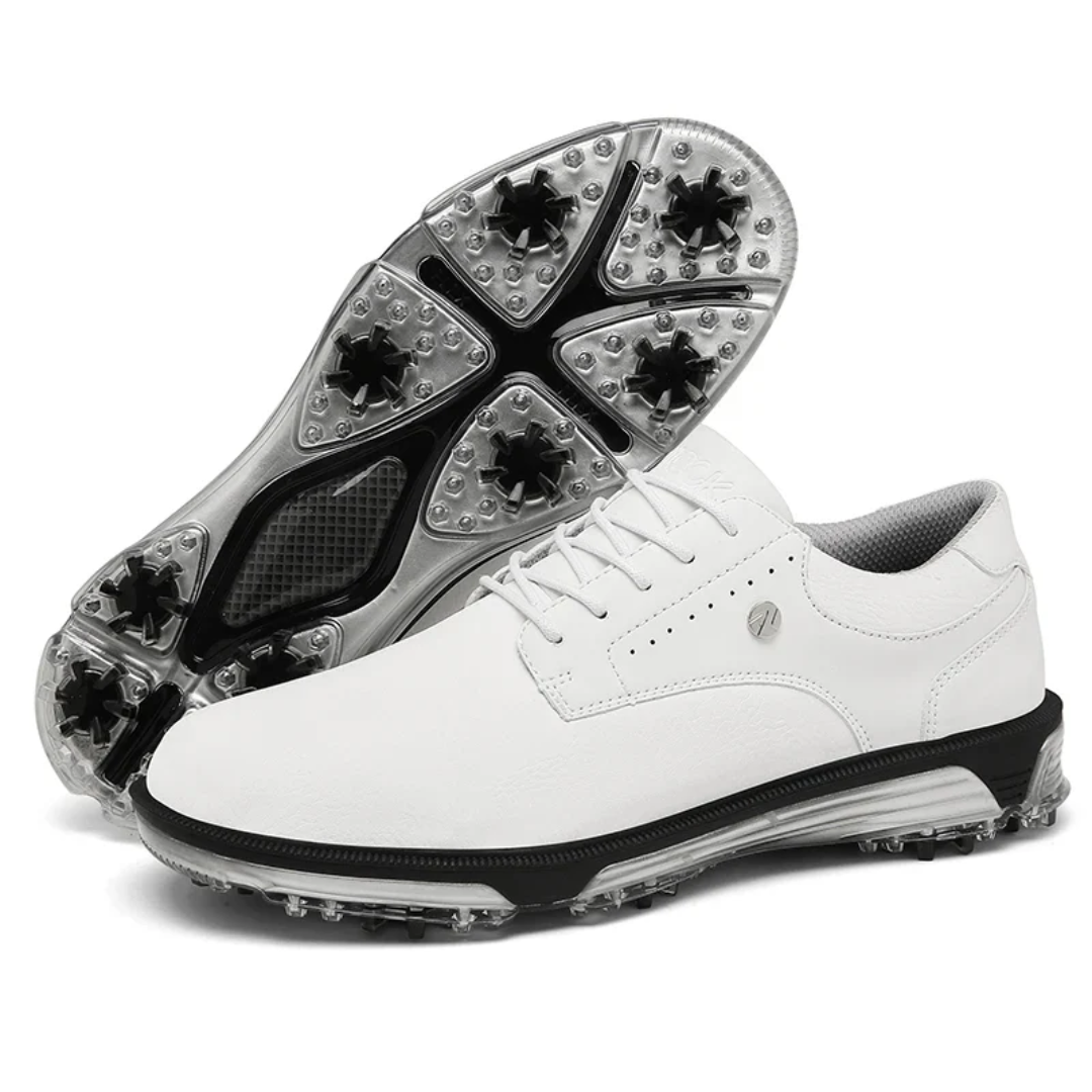 Weiße Golfschuhe mit Spikes, Herren, Leder, rutschfest, sportlich, bequem, langlebig.