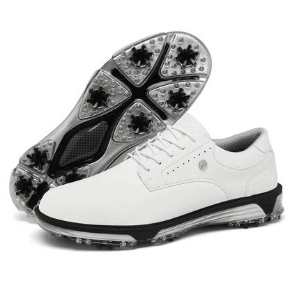 Weiße Golfschuhe mit Spikes, Herren, Leder, rutschfest, sportlich, bequem, langlebig.