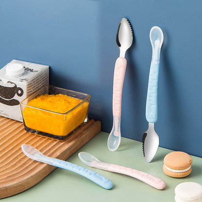 Baby-Löffel-Set aus Kunststoff in Blau und Rosa, ideal für Babynahrung, ergonomisches Design.