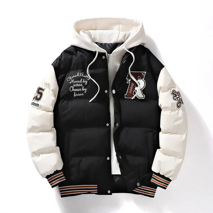 Schwarze Collegejacke mit weißen Ärmeln, Kapuze, Stickerei, Buchstabe "F", sportlicher Stil.