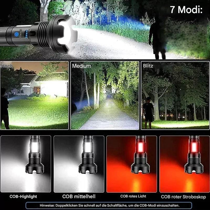 Leistungsstarke LED-Taschenlampe mit 7 Modi, schwarz, für Outdoor-Abenteuer und Notfälle.
