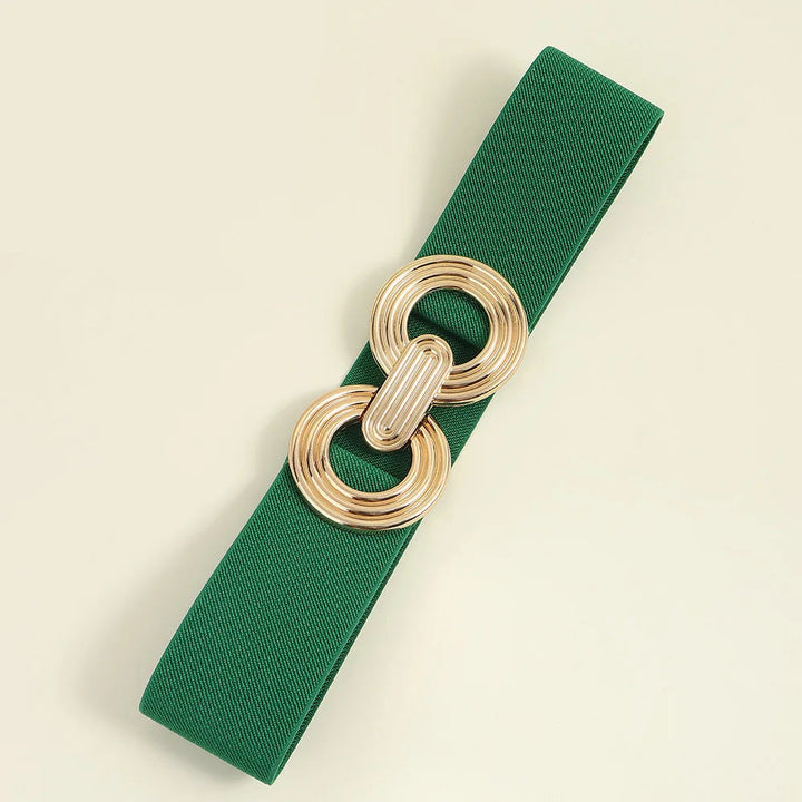 Grüner elastischer Gürtel mit goldener Schnalle, modisches Accessoire für Damen.
