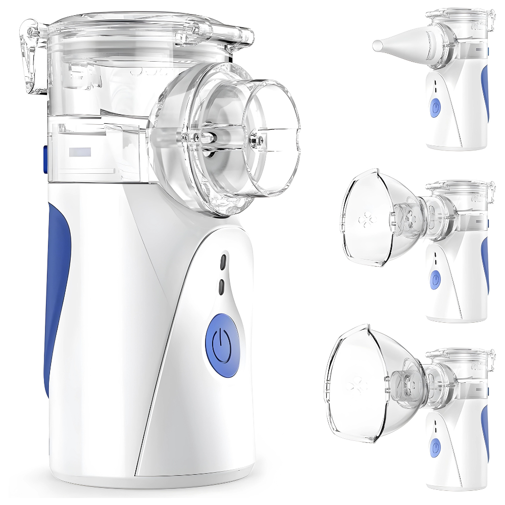 Tragbarer weißer Inhalator mit blauem Knopf, Zubehörteile, Atemtherapiegerät.