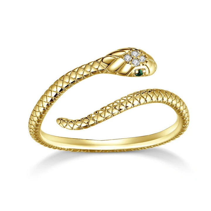 Goldener Schlangenring mit Diamanten, smaragdgrünen Augen, elegantes Schmuckdesign, Damenring.