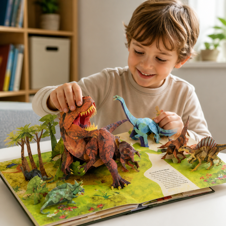 Veselý kluk se dotýká papírového tyranosaura v rozloženém prostorovém dinosauřím světě na bílém stole 3