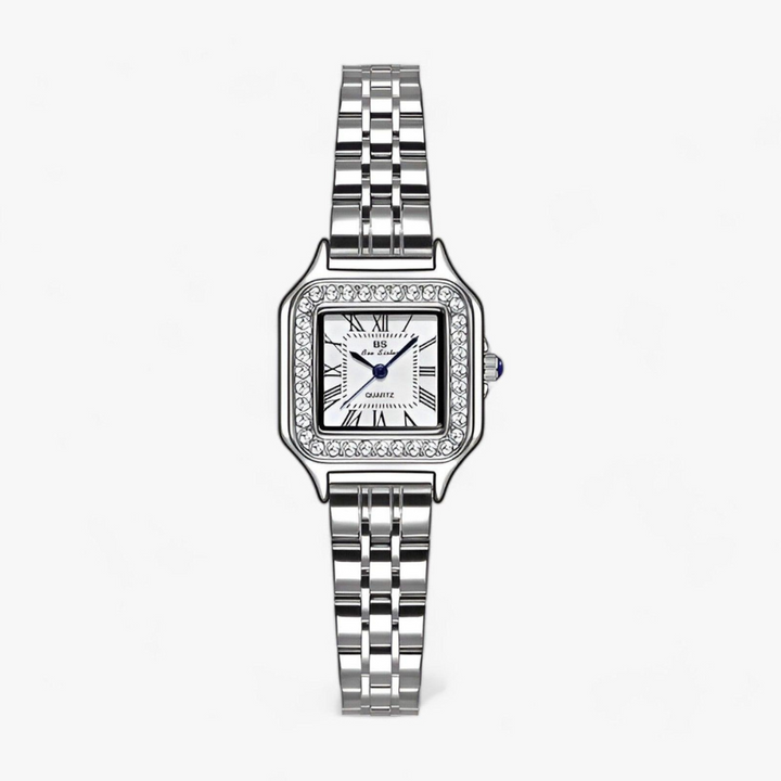 Silberne Damenarmbanduhr, quadratisches Zifferblatt, römische Ziffern, Edelstahlarmband.