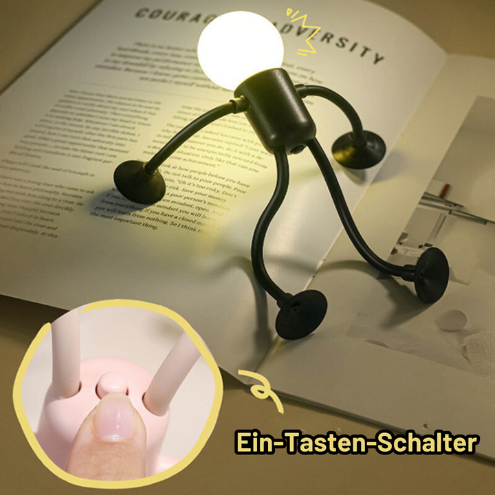 Černá lampička stojí na otevřené knize a svítí na text; vlevo dole detail prstu mačkajícího tlačítko na růžovém těle. 10