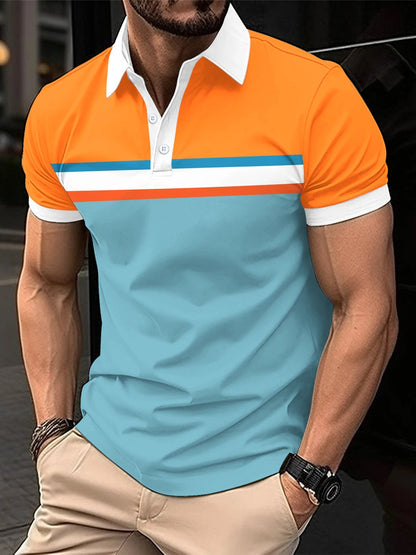 Männer Poloshirt, orange-blau, gestreift, kurzarm, Freizeitmode, Baumwolle.