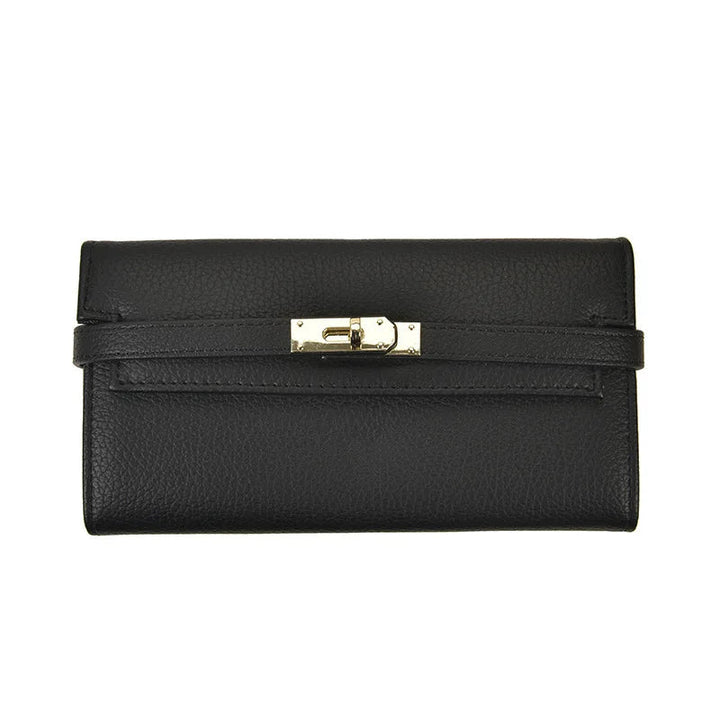 Schwarze Lederhandtasche mit silbernem Verschluss, elegante Damenmode, Accessoire.