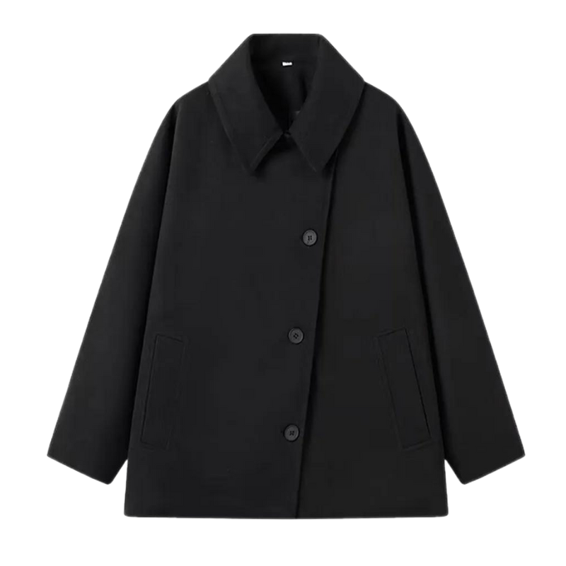 Schwarzer Wollmantel, Damen, klassisch, Knöpfe, Herbstmode, elegant, warm, zeitloses Design.