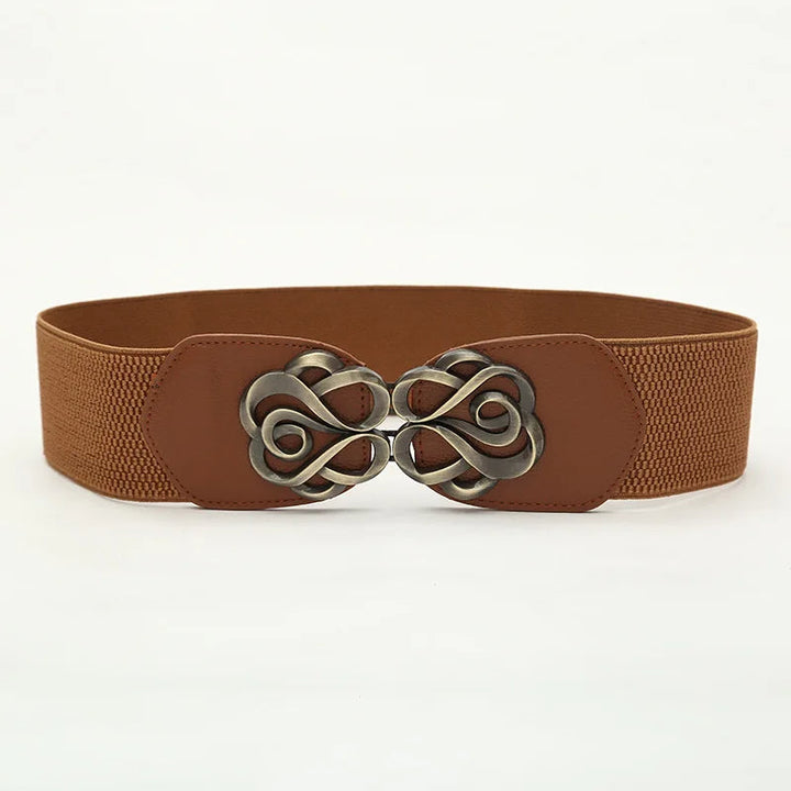 Brauner elastischer Gürtel mit dekorativer Metallschnalle, Damenmode Accessoire.