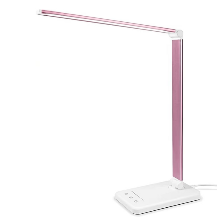 Rosa LED-Schreibtischlampe, dimmbar, modern, energiesparend, mit Touch-Bedienung, USB-Anschluss.