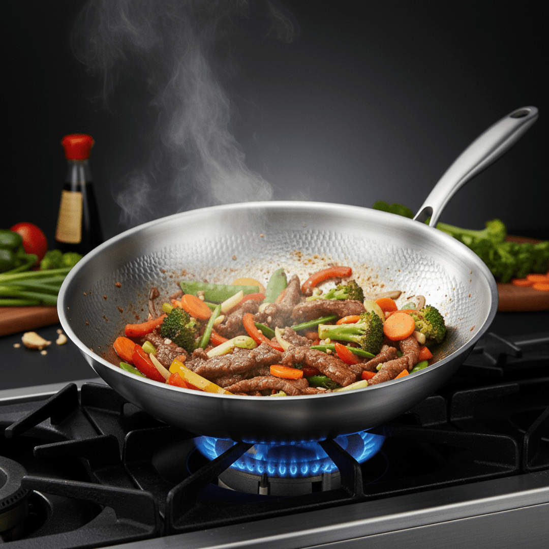 Wok na plynovém hořáku naplněný smaženým masem a zeleninou, z pánve stoupá pára. 6