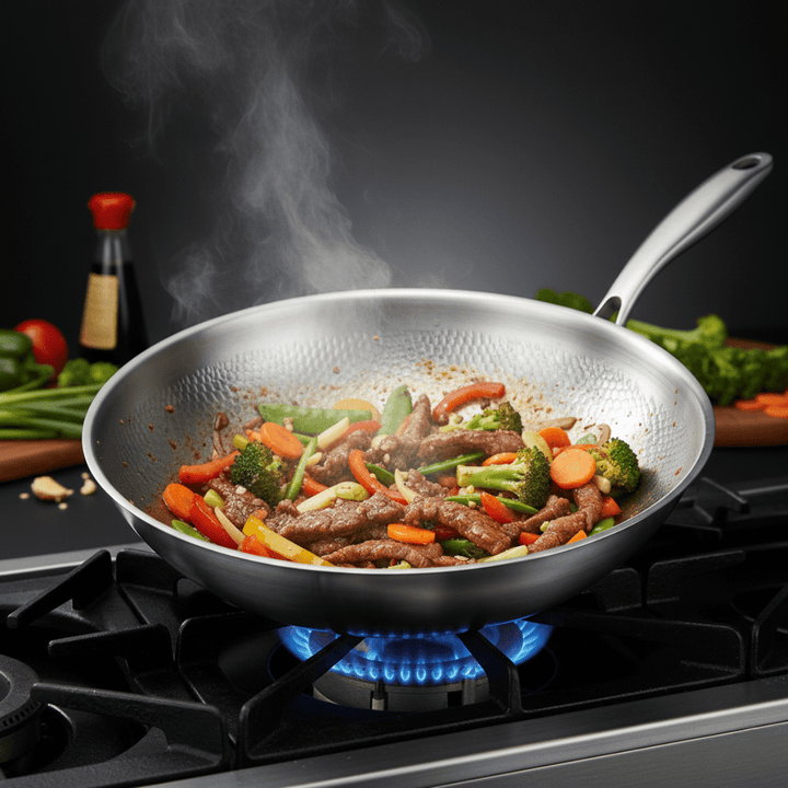 Wok na plynovém hořáku naplněný smaženým masem a zeleninou, z pánve stoupá pára. 6