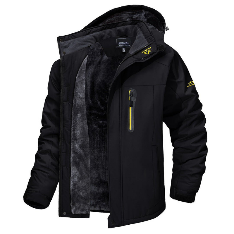 Schwarze Herren-Winterjacke, wasserdicht, mit Kapuze und Reißverschlusstasche, warm gefüttert.