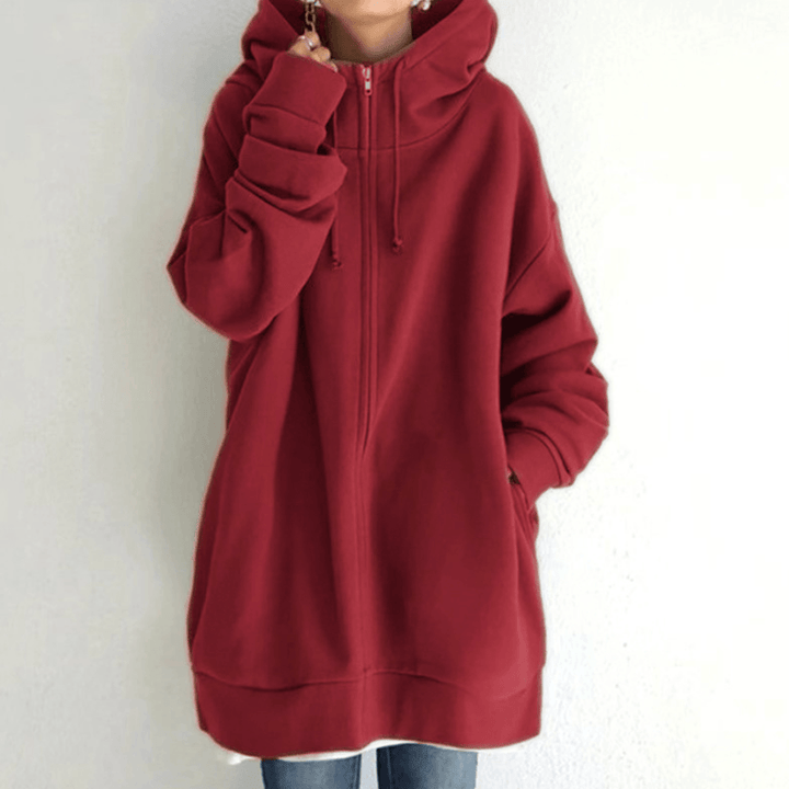 Roter Oversize-Hoodie für Damen, langärmelig, mit Reißverschluss, lässiger Stil.