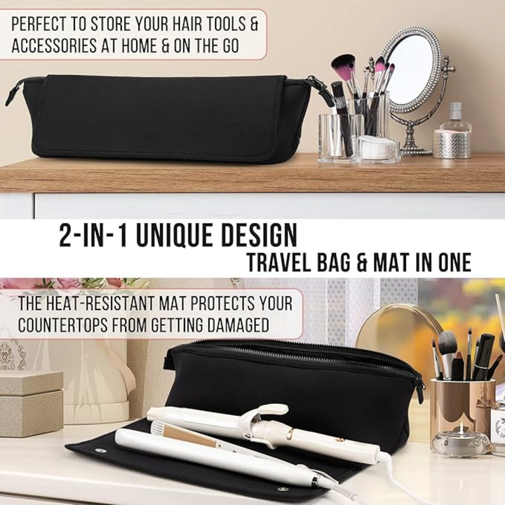 2-in-1 Reiseetui und Hitzeschutzmatte für Haarstyling-Werkzeuge, schwarz, praktisch.