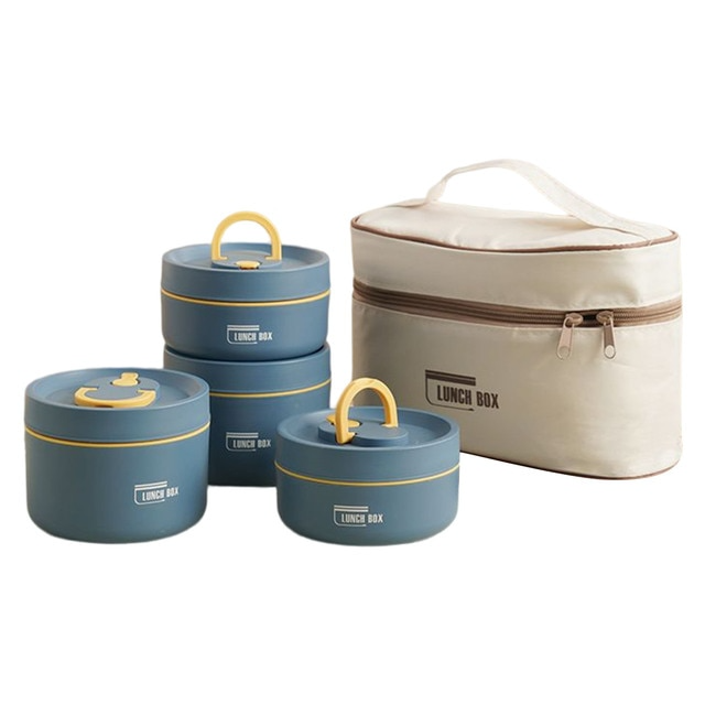 Blaue Bento-Boxen mit gelbem Griff und beige Isoliertasche, ideal für Schule und Büro.