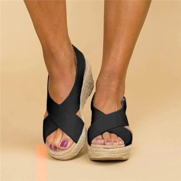 Damen Sandalen Keilabsatz Schwarz, Sommerschuhe, Kreuzriemen, bequem, modisch, Freizeit.