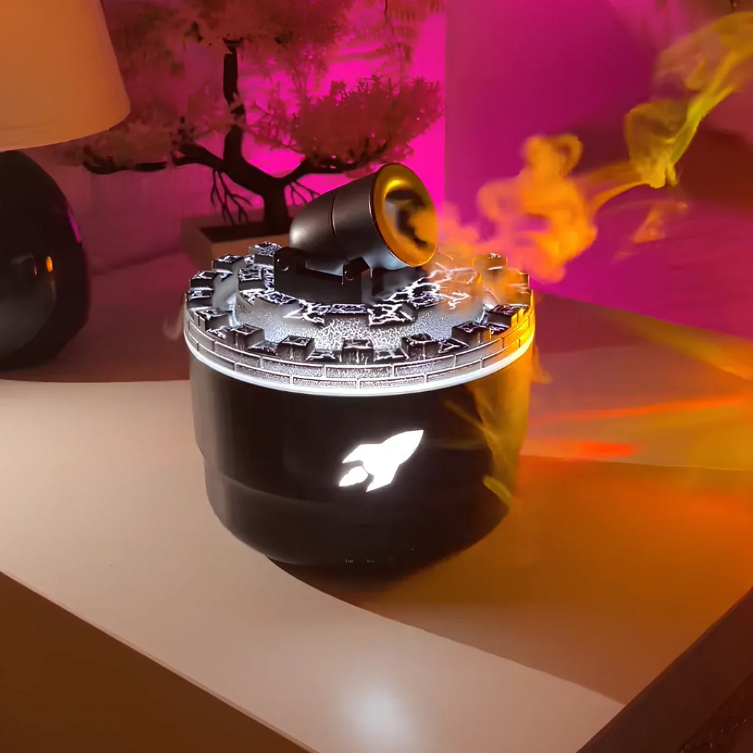 Schwarzer Aromadiffusor mit LED-Licht, Nebel und Raketenmotiv auf Tisch, moderne Dekoration.