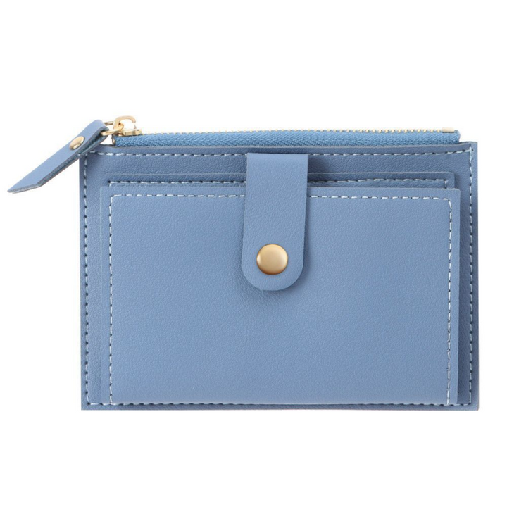 Blaue Leder-Geldbörse mit Reißverschluss, Kartenfächer, minimalistisches Design, Damenaccessoire.