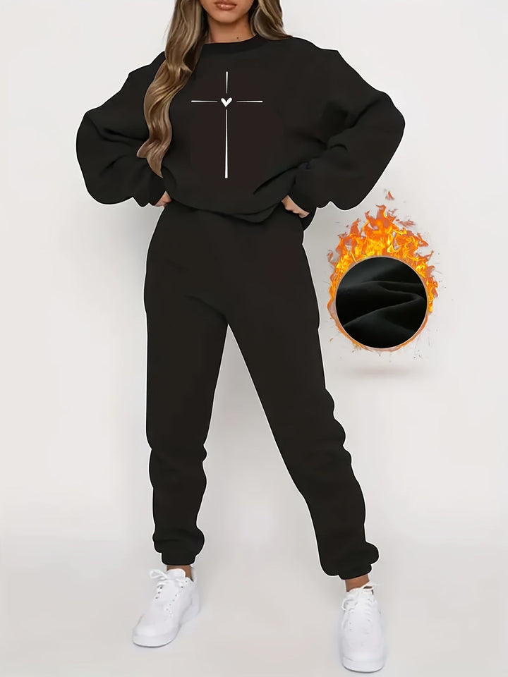Schwarzer Damen-Sweatanzug mit Kreuzmotiv, warm gefüttert, ideal für Winter, modisch und bequem.