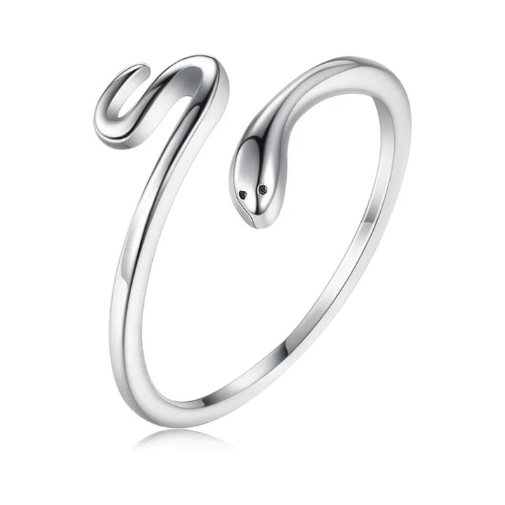 Silberner Schlangenring, offenes Design, minimalistischer Schmuck, Damenmode, Geschenkidee.