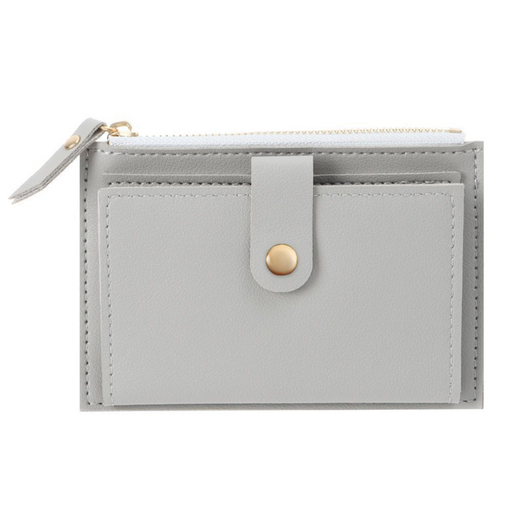 Graues Lederportemonnaie mit Reißverschluss und Druckknopf, minimalistisches Design, Damenaccessoire.