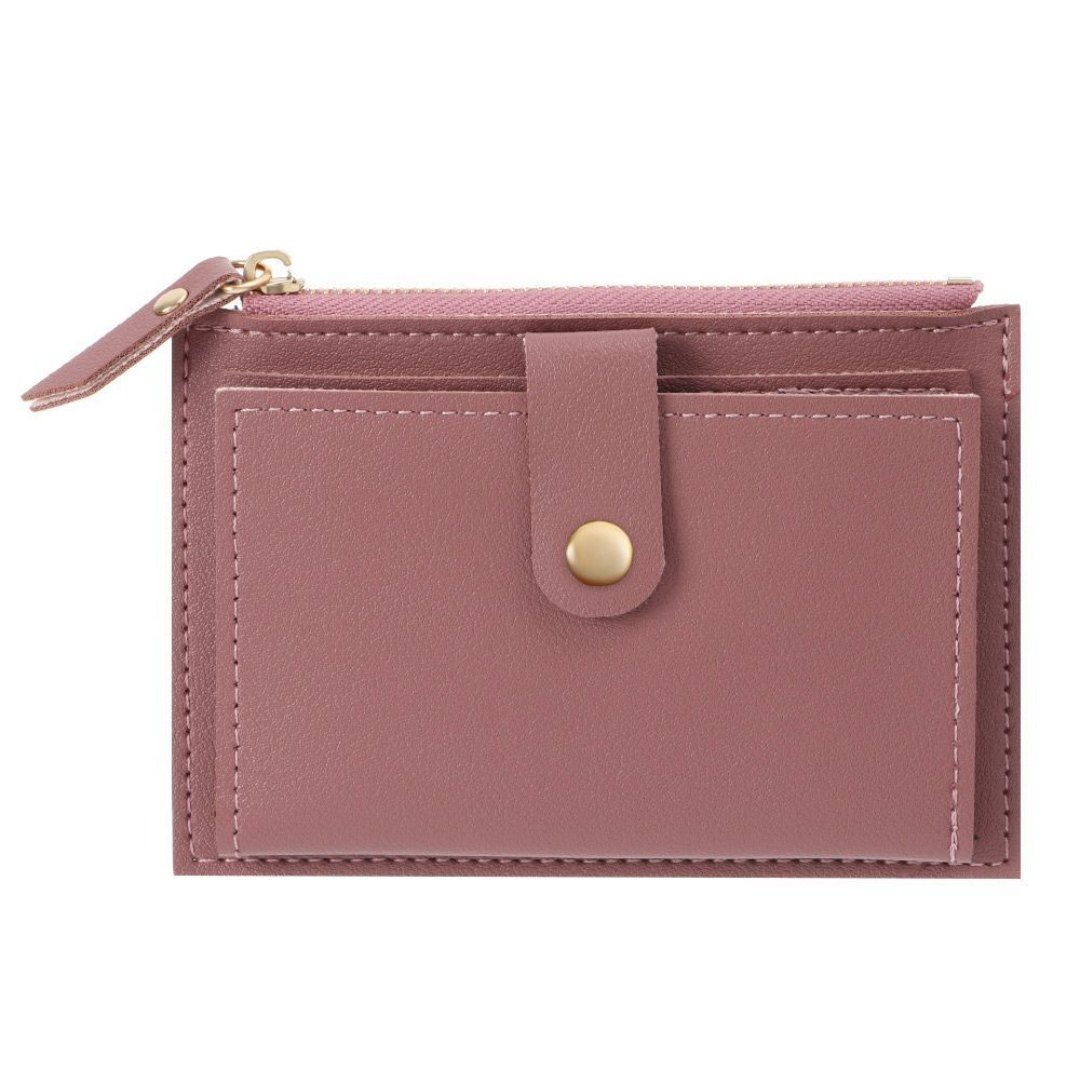 Rosa Leder-Geldbörse mit Reißverschluss und Druckknopf, stilvolles Damen-Accessoire.