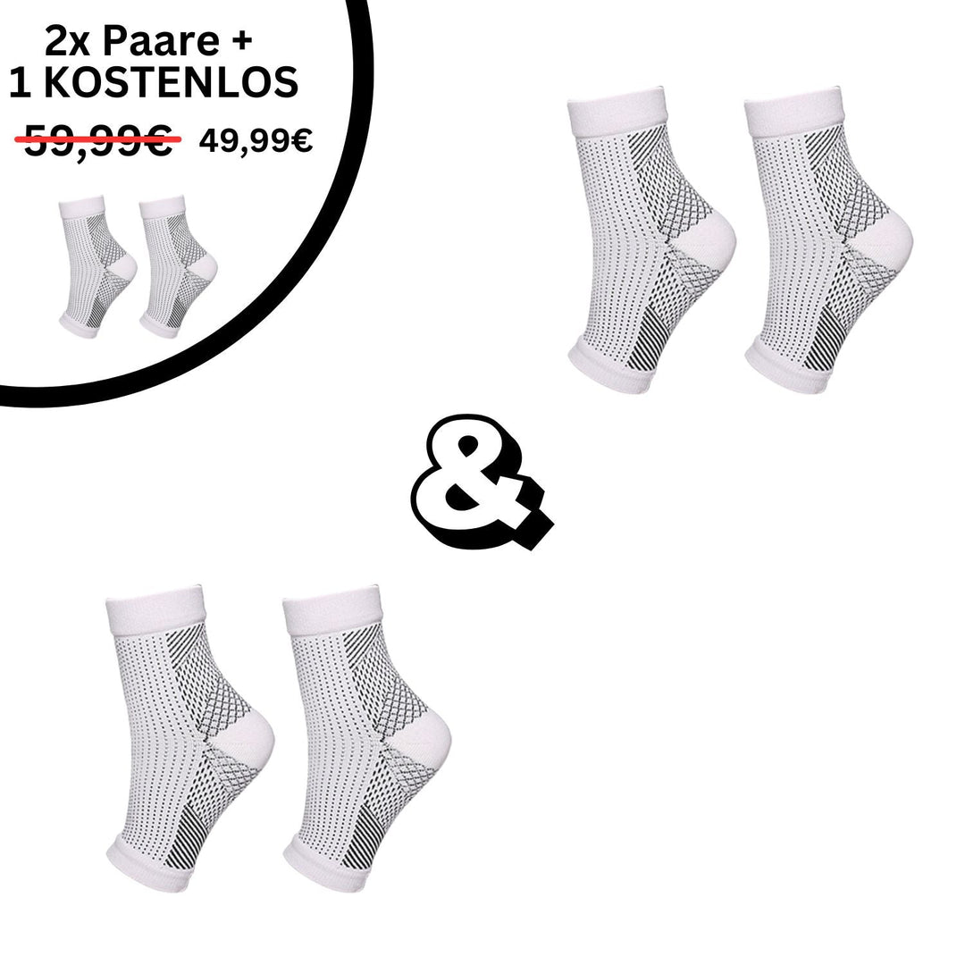 Weiße Kompressionssocken mit schwarzem Muster, Angebot: 2 kaufen, 1 gratis, Preis 49,99€.