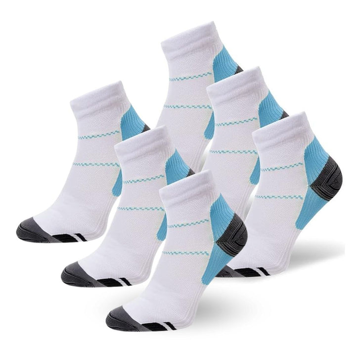 Weiße Kompressionssocken 3er-Pack, blau-schwarz Akzente, atmungsaktiv, Sport, Unisex.