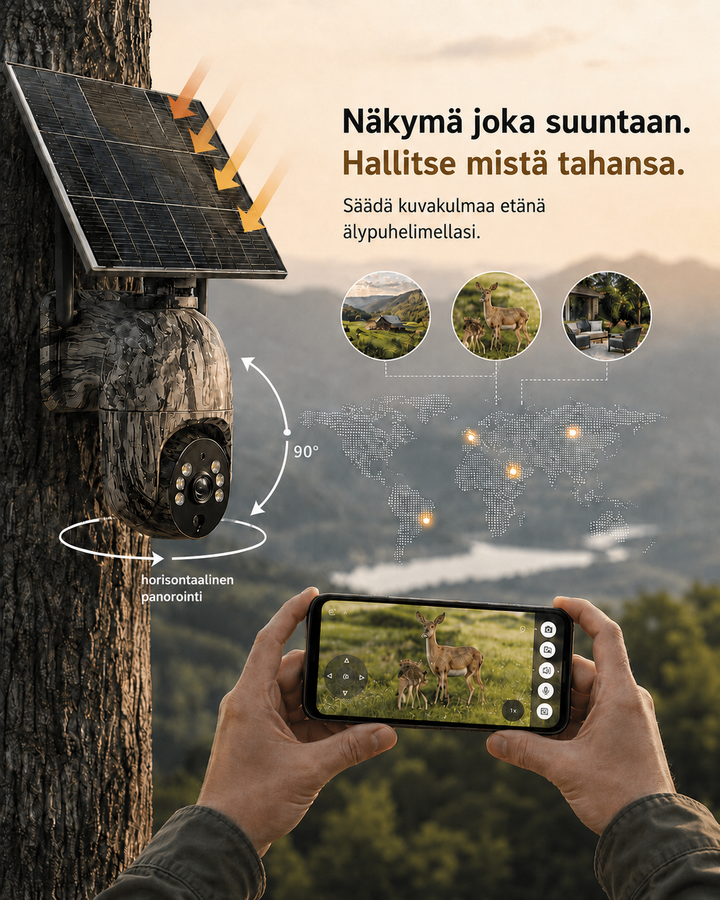 Kamera na kmeni stromu s šipkami otáčení, dole ruce držící telefon s ovládáním kamery a záběrem srnek. 6