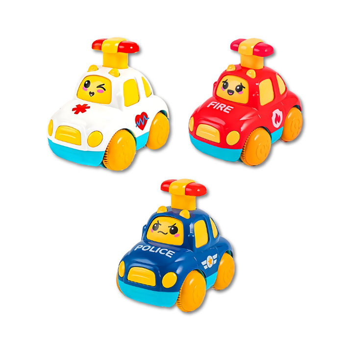 Drei bunte Spielzeugautos: Polizei, Feuerwehr, Krankenwagen, Kunststoff, Kinderfahrzeuge.