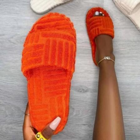 Orange Damen-Fellpantoffeln, dicke Sohle, warm, rutschfest, modisch, bequem, Indoor-Slipper.