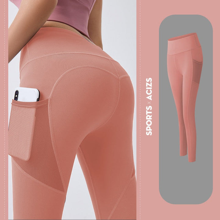 Damen Sportleggings mit Handytasche, orange, elastisch, atmungsaktiv, Fitnessmode.
