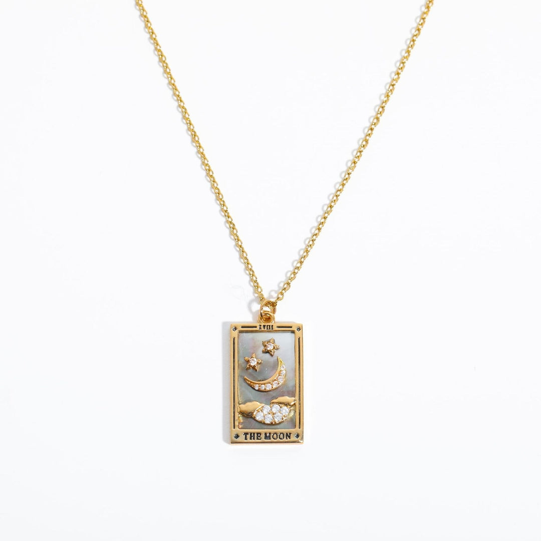 Goldene Halskette mit rechteckigem Anhänger, Mond- und Sternmotiv, Damen-Schmuck.
