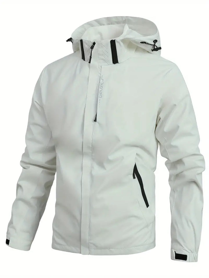 Weiße Herren-Windjacke mit Kapuze, wasserdicht, atmungsaktiv, Outdoor-Bekleidung.
